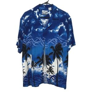 Blue Palm Print Rayon Hawaiian Shirt M Aloha‎ Resortcore Vacationcore Cruise